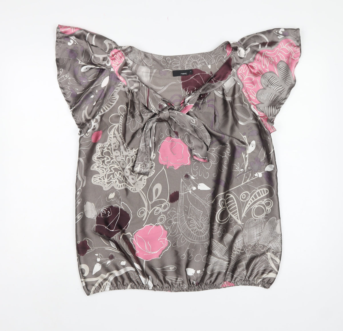 Next Women Grey Pink Floral Chiffon Ruffle V-Neck Blouse UK 14