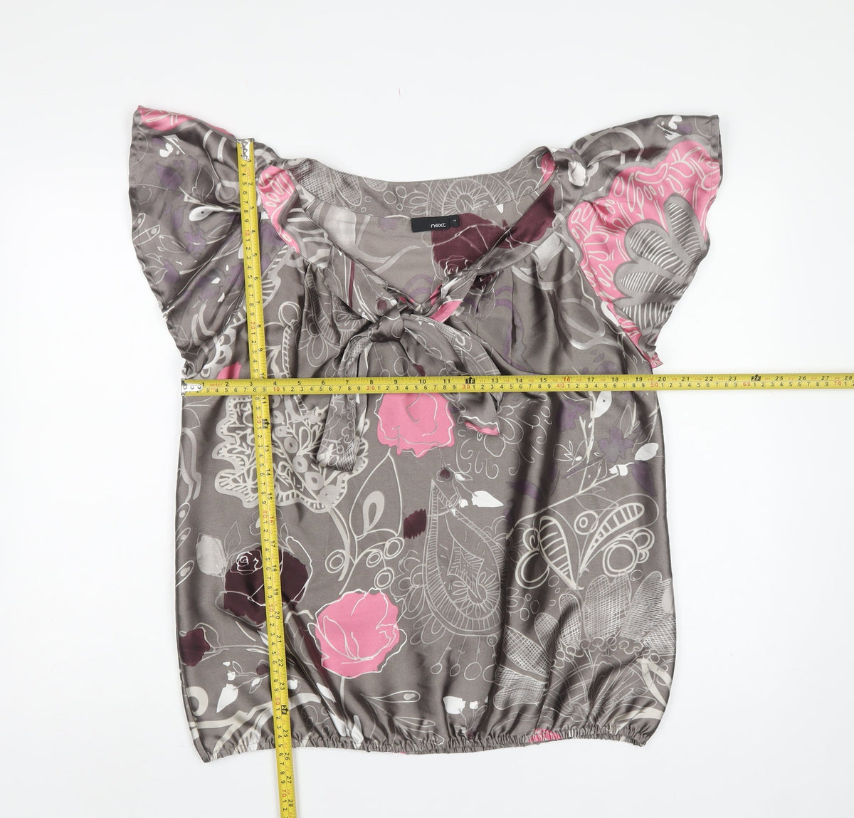 Next Women Grey Pink Floral Chiffon Ruffle V-Neck Blouse UK 14