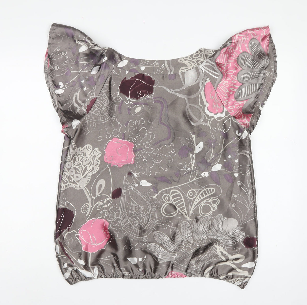 Next Women Grey Pink Floral Chiffon Ruffle V-Neck Blouse UK 14