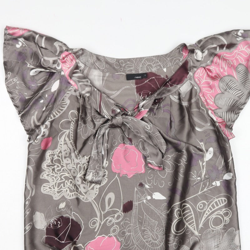 Next Women Grey Pink Floral Chiffon Ruffle V-Neck Blouse UK 14