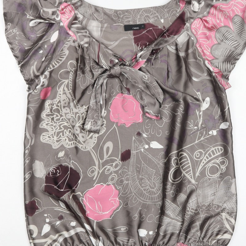 Next Women Grey Pink Floral Chiffon Ruffle V-Neck Blouse UK 14