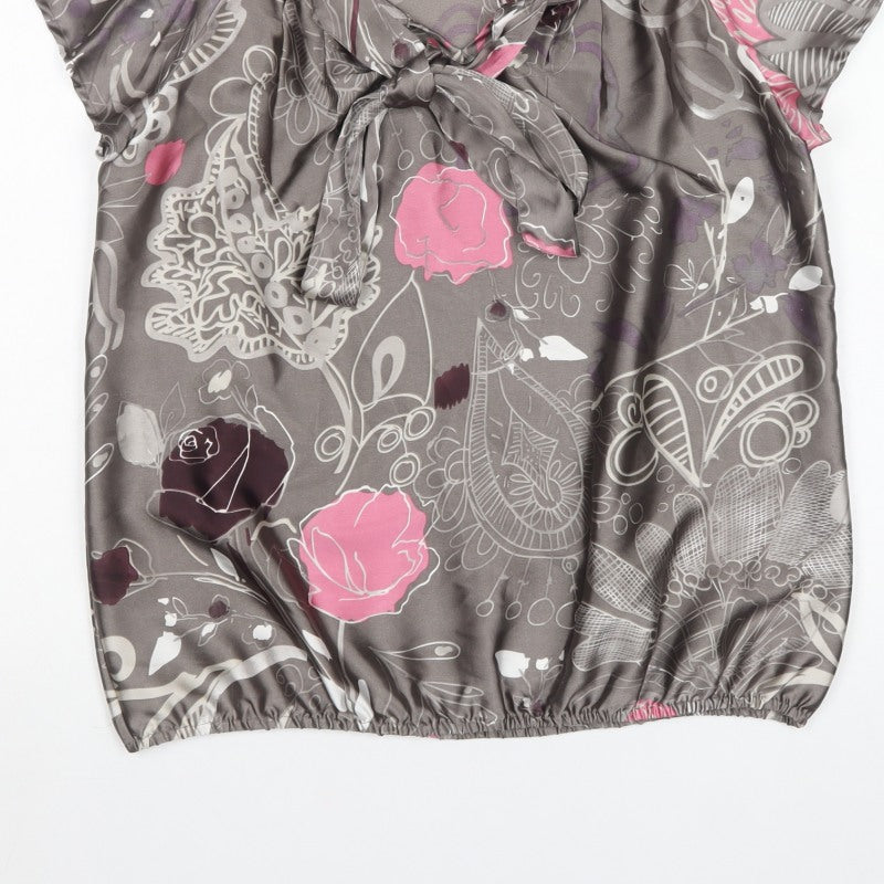 Next Women Grey Pink Floral Chiffon Ruffle V-Neck Blouse UK 14