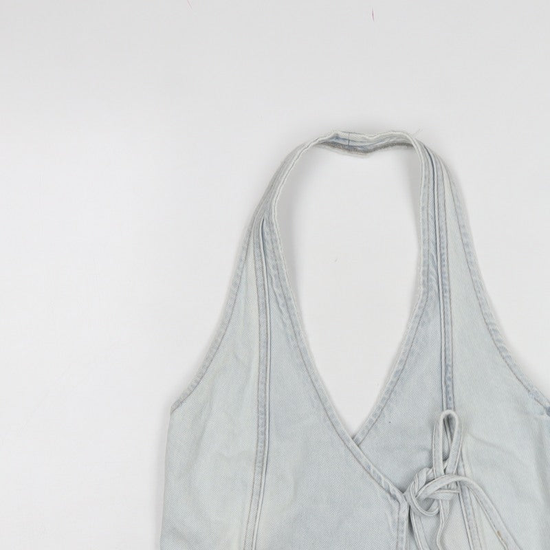 Pull&Bear Women Blue XS Denim Halter Wrap Tie Tank Top
