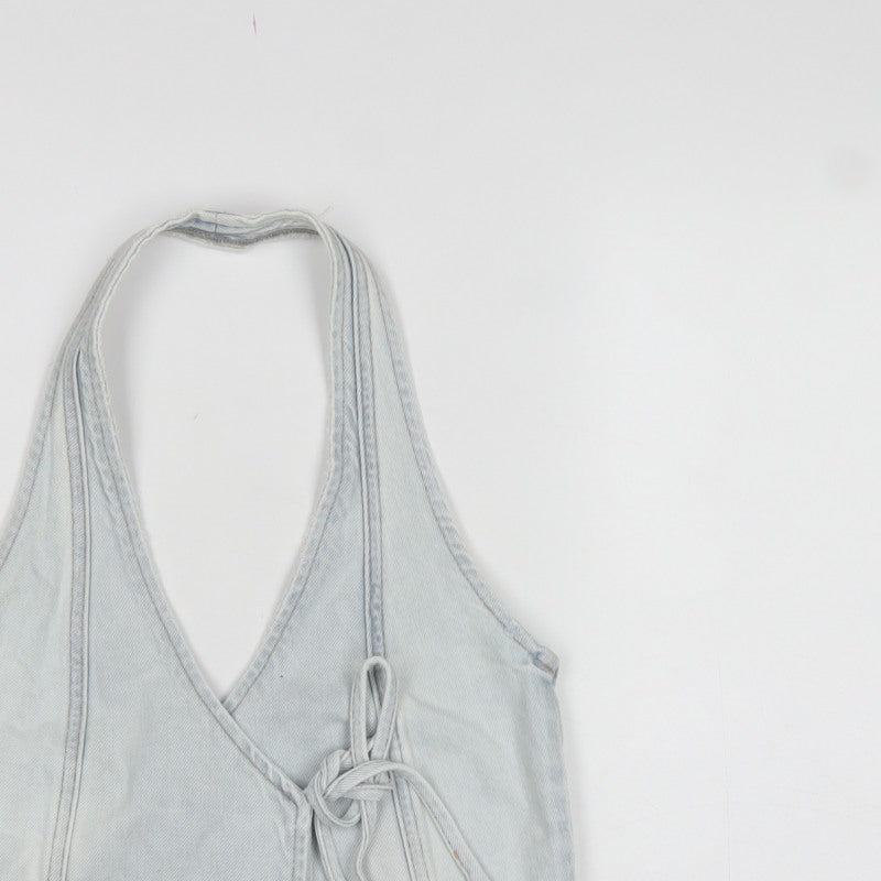 Pull&Bear Women Blue XS Denim Halter Wrap Tie Tank Top