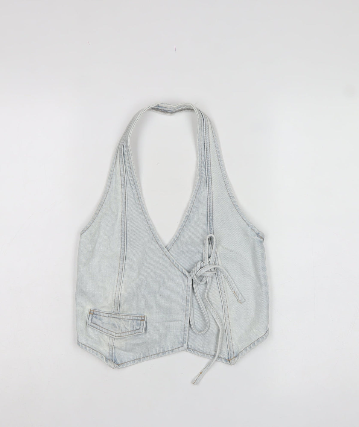 Pull&Bear Women Blue XS Denim Halter Wrap Tie Tank Top