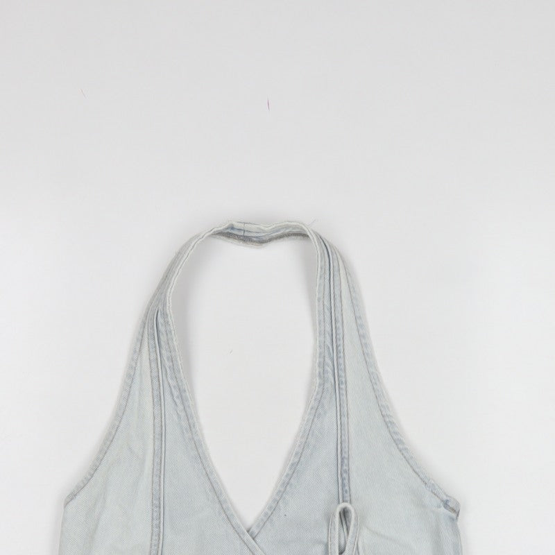 Pull&Bear Women Blue XS Denim Halter Wrap Tie Tank Top