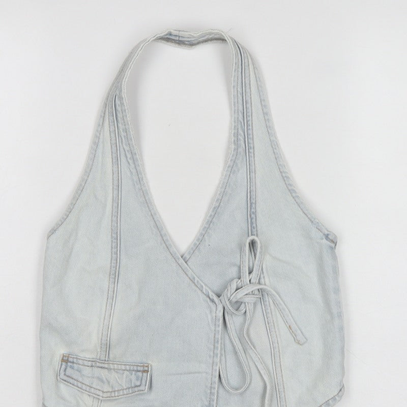 Pull&Bear Women Blue XS Denim Halter Wrap Tie Tank Top