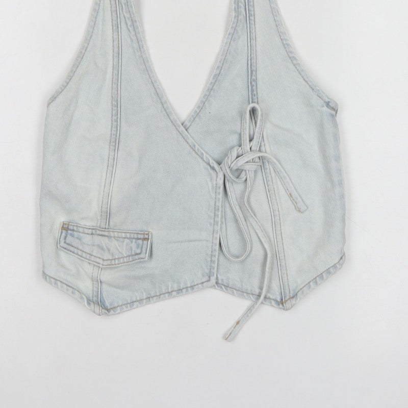 Pull&Bear Women Blue XS Denim Halter Wrap Tie Tank Top