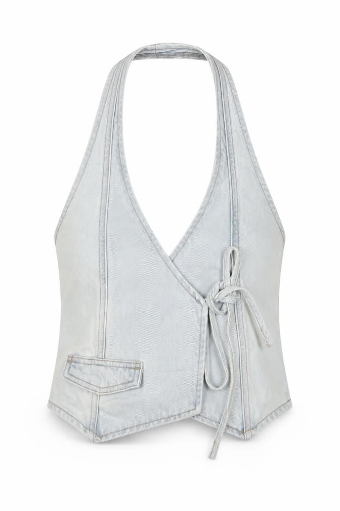 Pull&Bear Women Blue XS Denim Halter Wrap Tie Tank Top