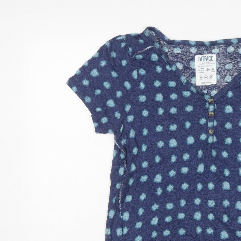 FatFace Women’s Blue Linen Basic Polka Dot V-Neck Blouse UK 14