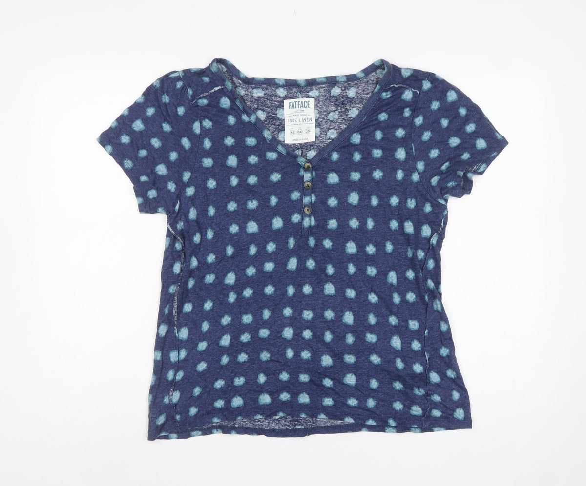FatFace Women’s Blue Linen Basic Polka Dot V-Neck Blouse UK 14