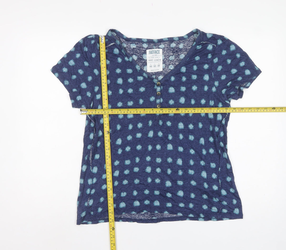 FatFace Women’s Blue Linen Basic Polka Dot V-Neck Blouse UK 14