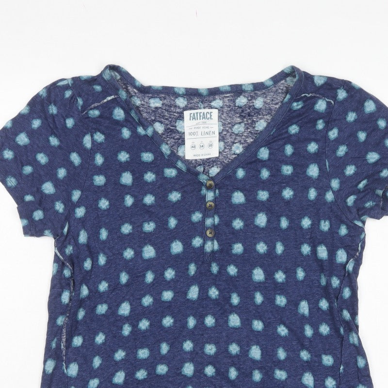 FatFace Women’s Blue Linen Basic Polka Dot V-Neck Blouse UK 14