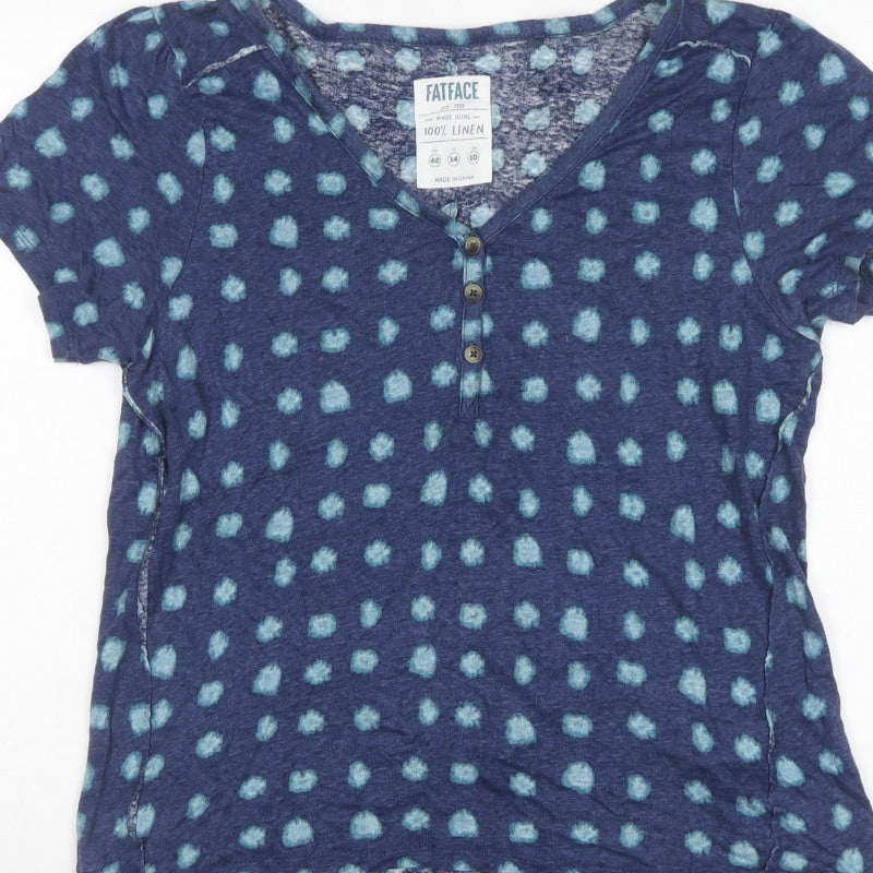 FatFace Women’s Blue Linen Basic Polka Dot V-Neck Blouse UK 14