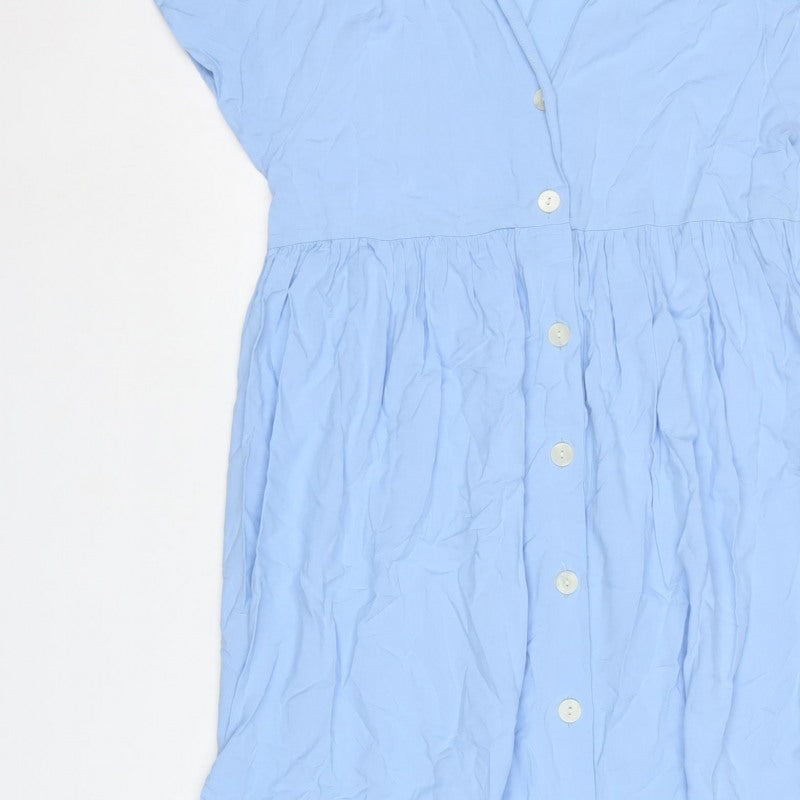 Zara Women Blue UK 12-14 Long Ruffle Button Shirt Dress