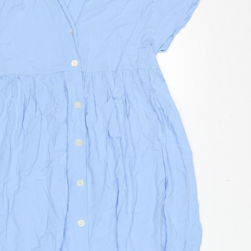Zara Women Blue UK 12-14 Long Ruffle Button Shirt Dress