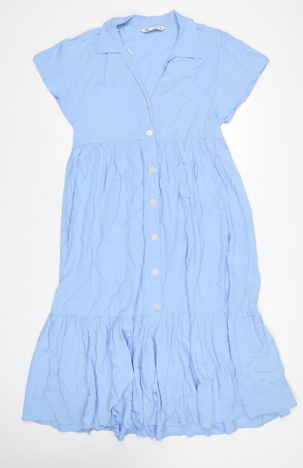 Zara Women Blue UK 12-14 Long Ruffle Button Shirt Dress