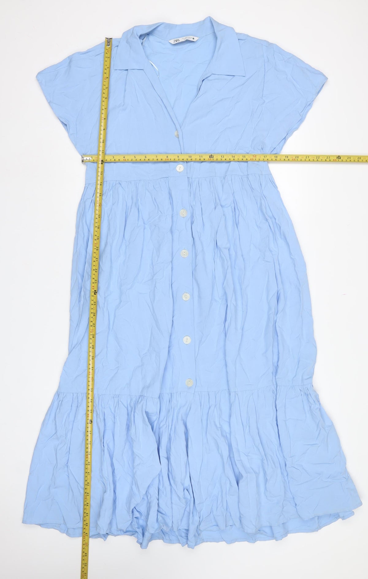 Zara Women Blue UK 12-14 Long Ruffle Button Shirt Dress