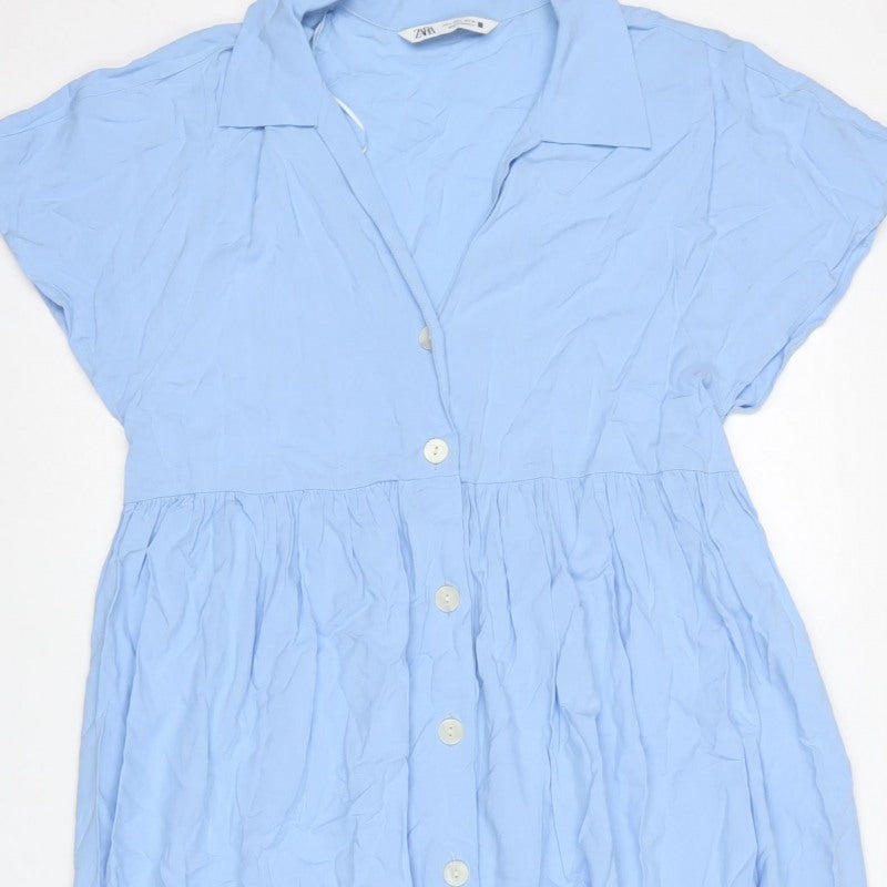 Zara Women Blue UK 12-14 Long Ruffle Button Shirt Dress