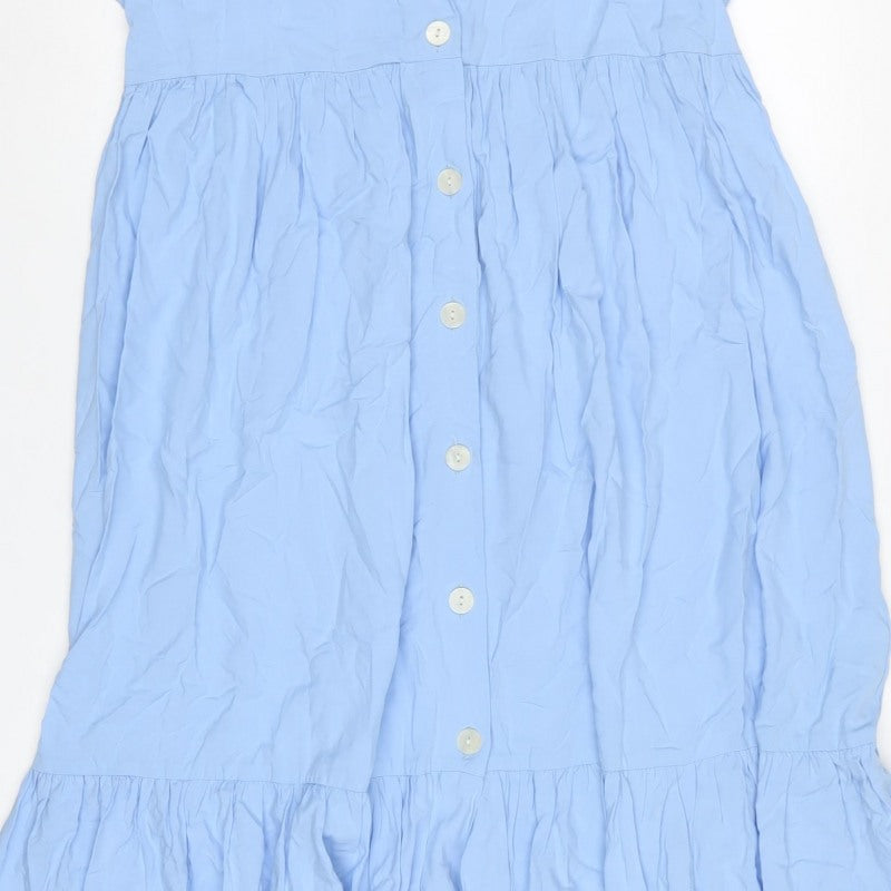 Zara Women Blue UK 12-14 Long Ruffle Button Shirt Dress