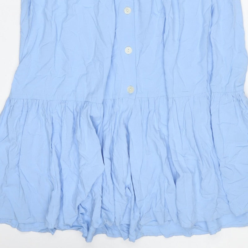 Zara Women Blue UK 12-14 Long Ruffle Button Shirt Dress