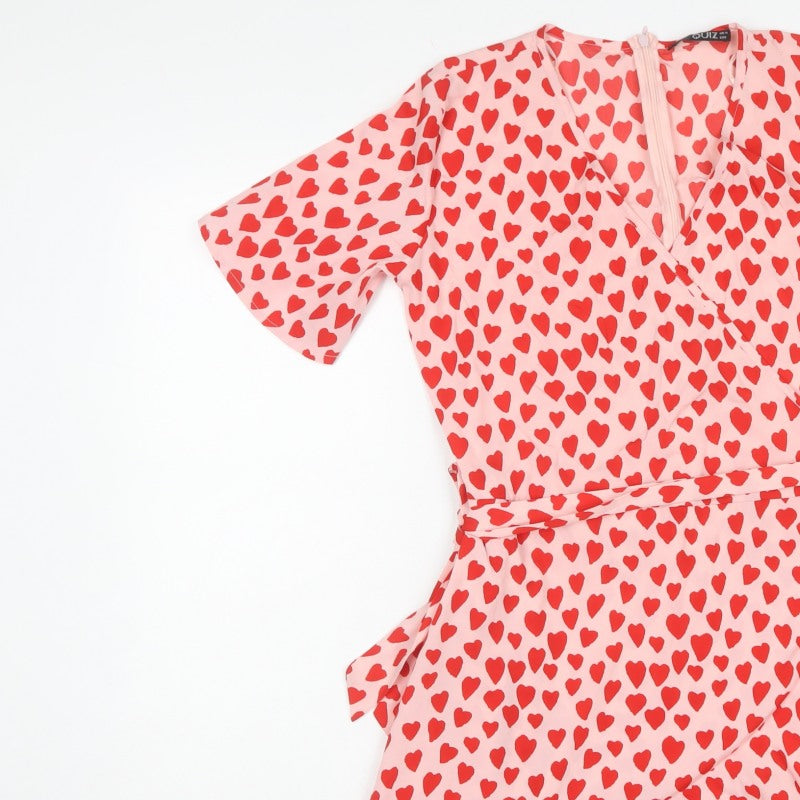 Quiz Women Pink Heart Print UK 10 Fit & Flare Ruffle Wrap Dress