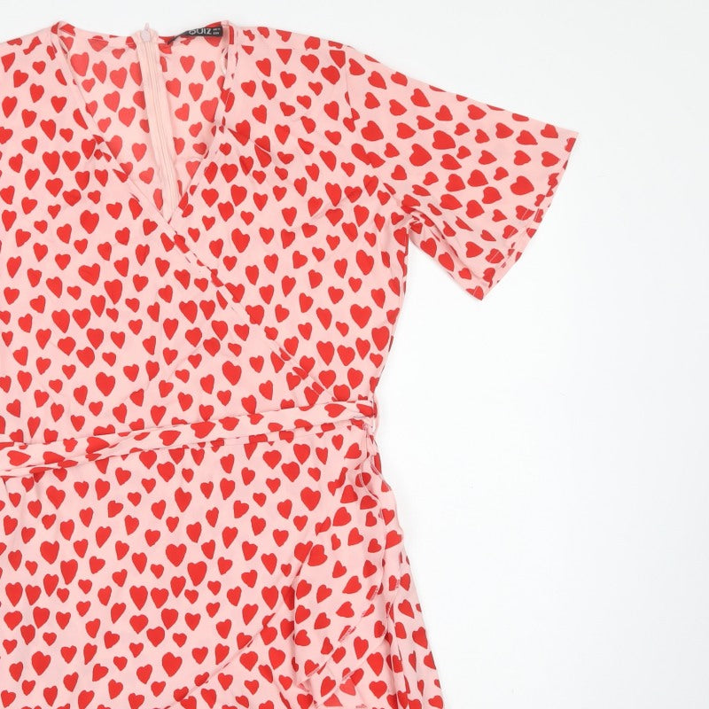 Quiz Women Pink Heart Print UK 10 Fit & Flare Ruffle Wrap Dress