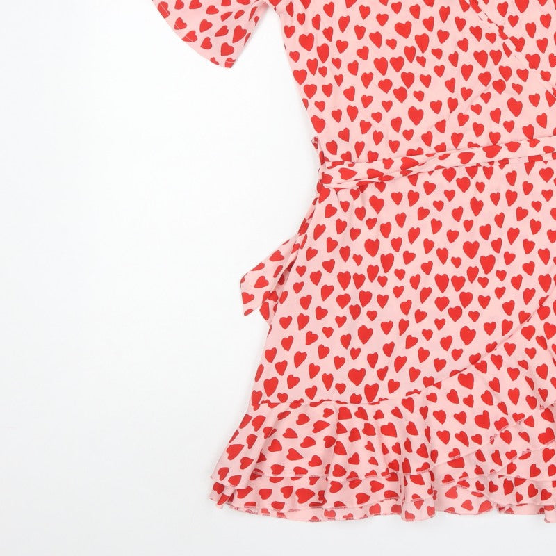 Quiz Women Pink Heart Print UK 10 Fit & Flare Ruffle Wrap Dress