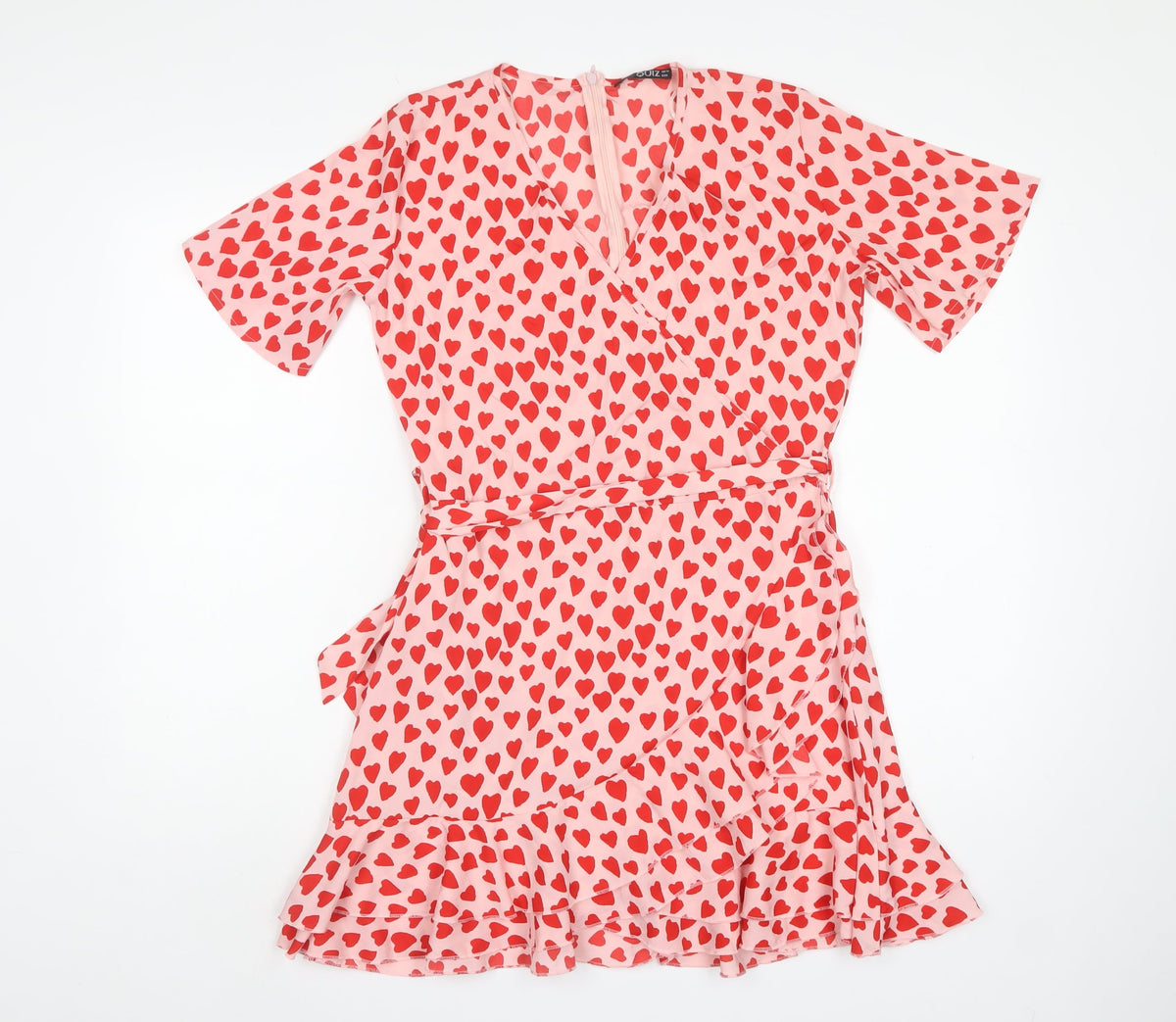Quiz Women Pink Heart Print UK 10 Fit & Flare Ruffle Wrap Dress