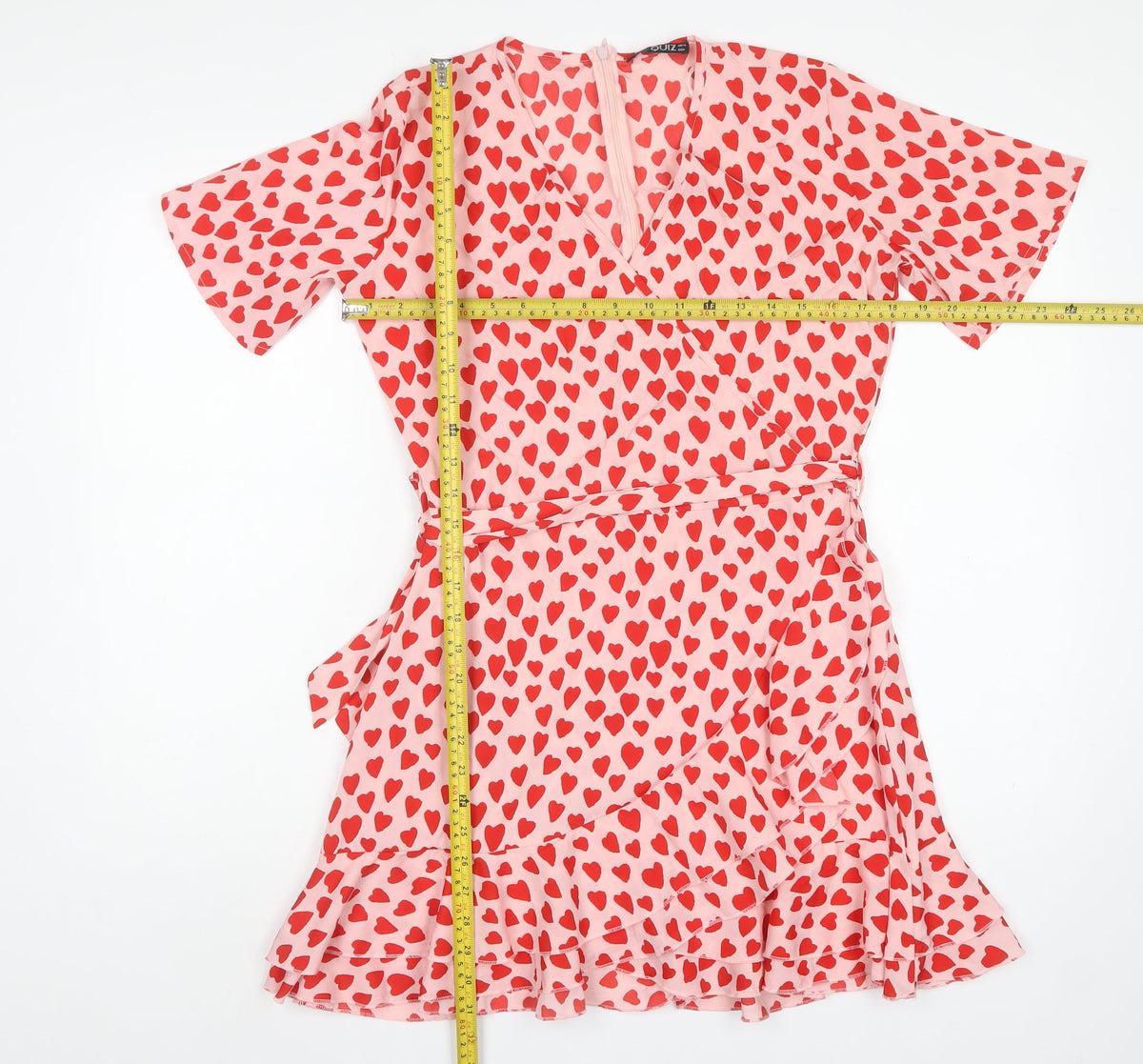 Quiz Women Pink Heart Print UK 10 Fit & Flare Ruffle Wrap Dress