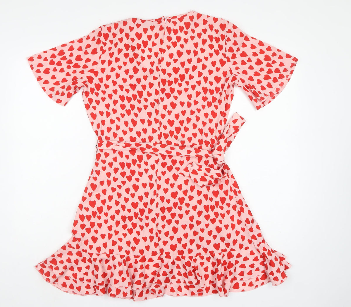 Quiz Women Pink Heart Print UK 10 Fit & Flare Ruffle Wrap Dress