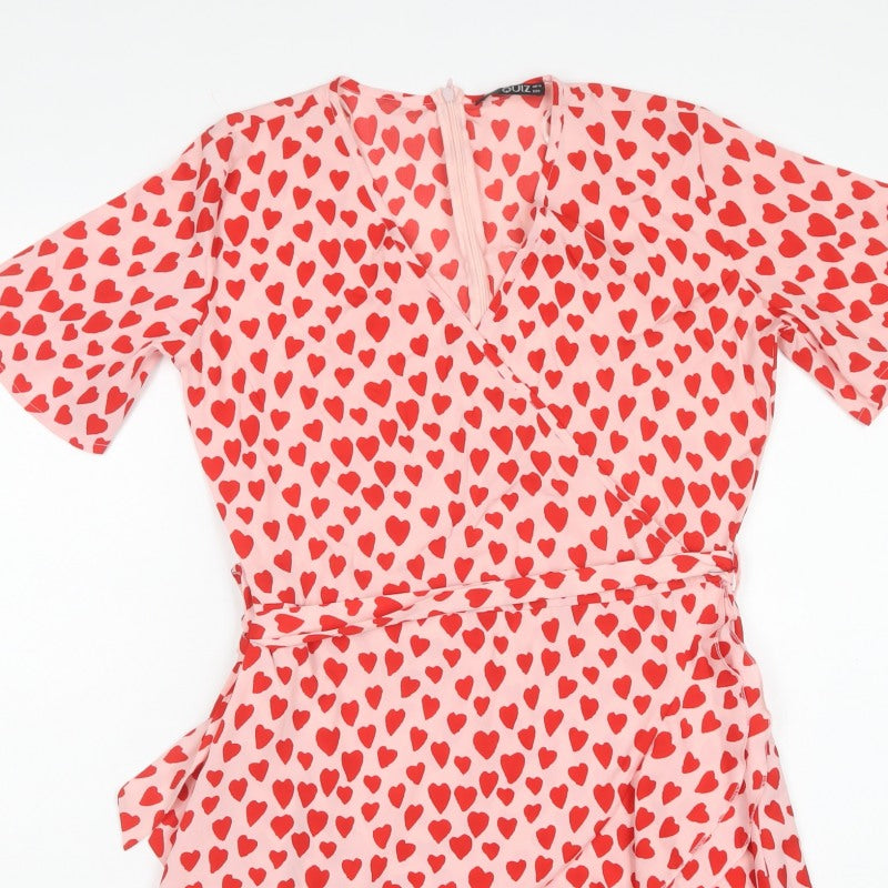Quiz Women Pink Heart Print UK 10 Fit & Flare Ruffle Wrap Dress