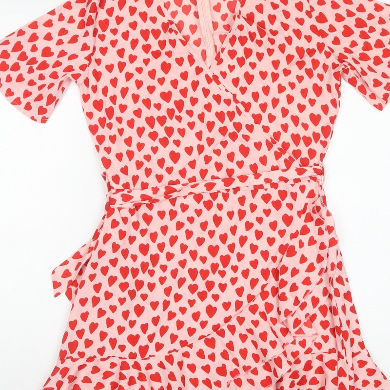 Quiz Women Pink Heart Print UK 10 Fit & Flare Ruffle Wrap Dress