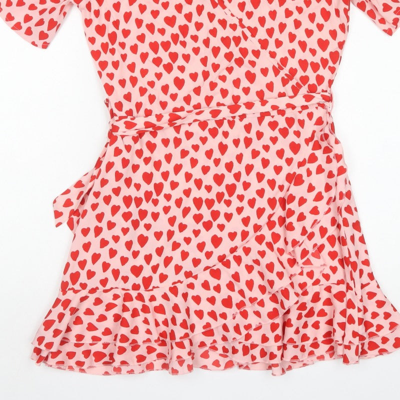 Quiz Women Pink Heart Print UK 10 Fit & Flare Ruffle Wrap Dress