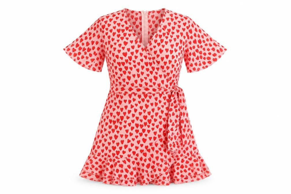 Quiz Women Pink Heart Print UK 10 Fit & Flare Ruffle Wrap Dress