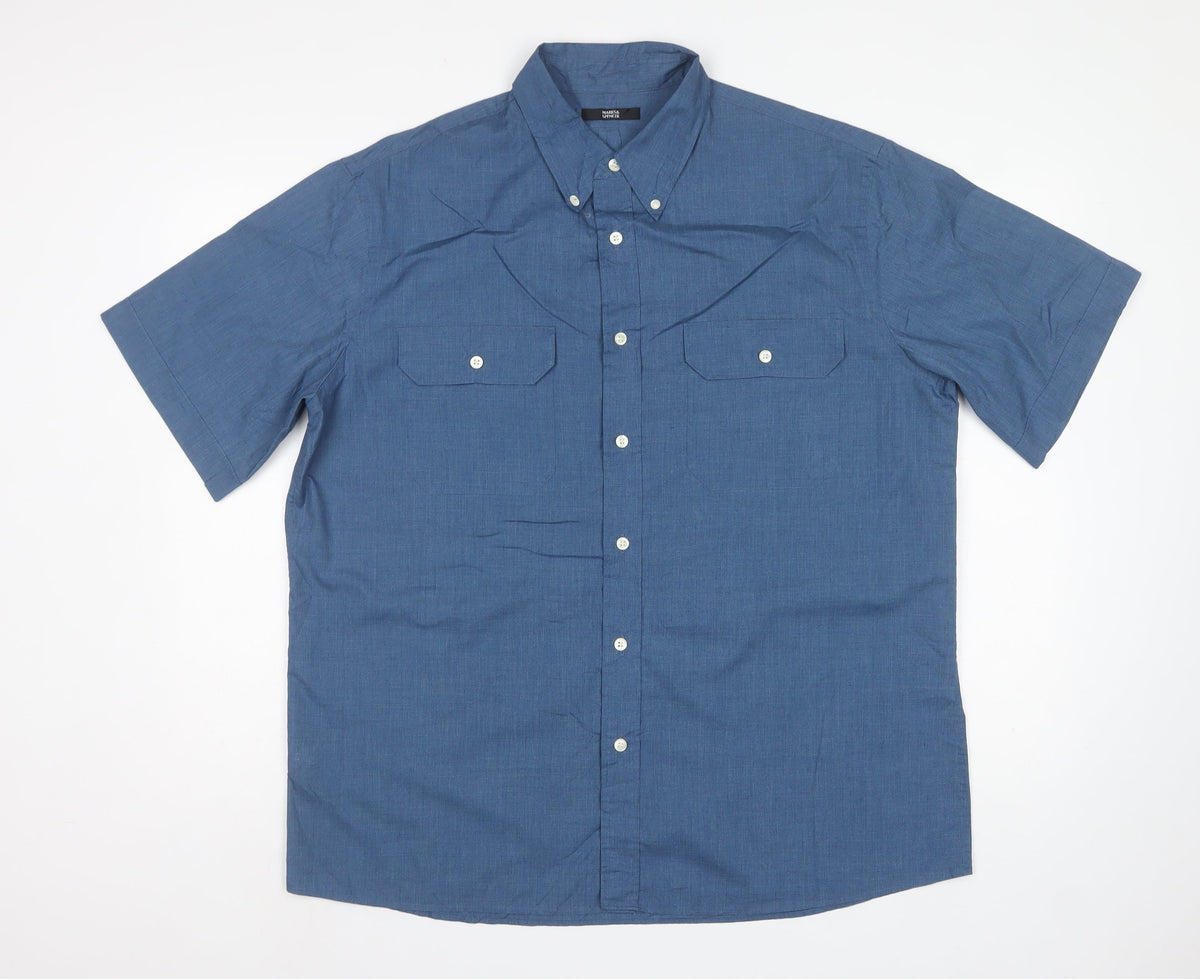 Marks & Spencer Men's Blue L Short Sleeve Button-Up Pocket Shirt