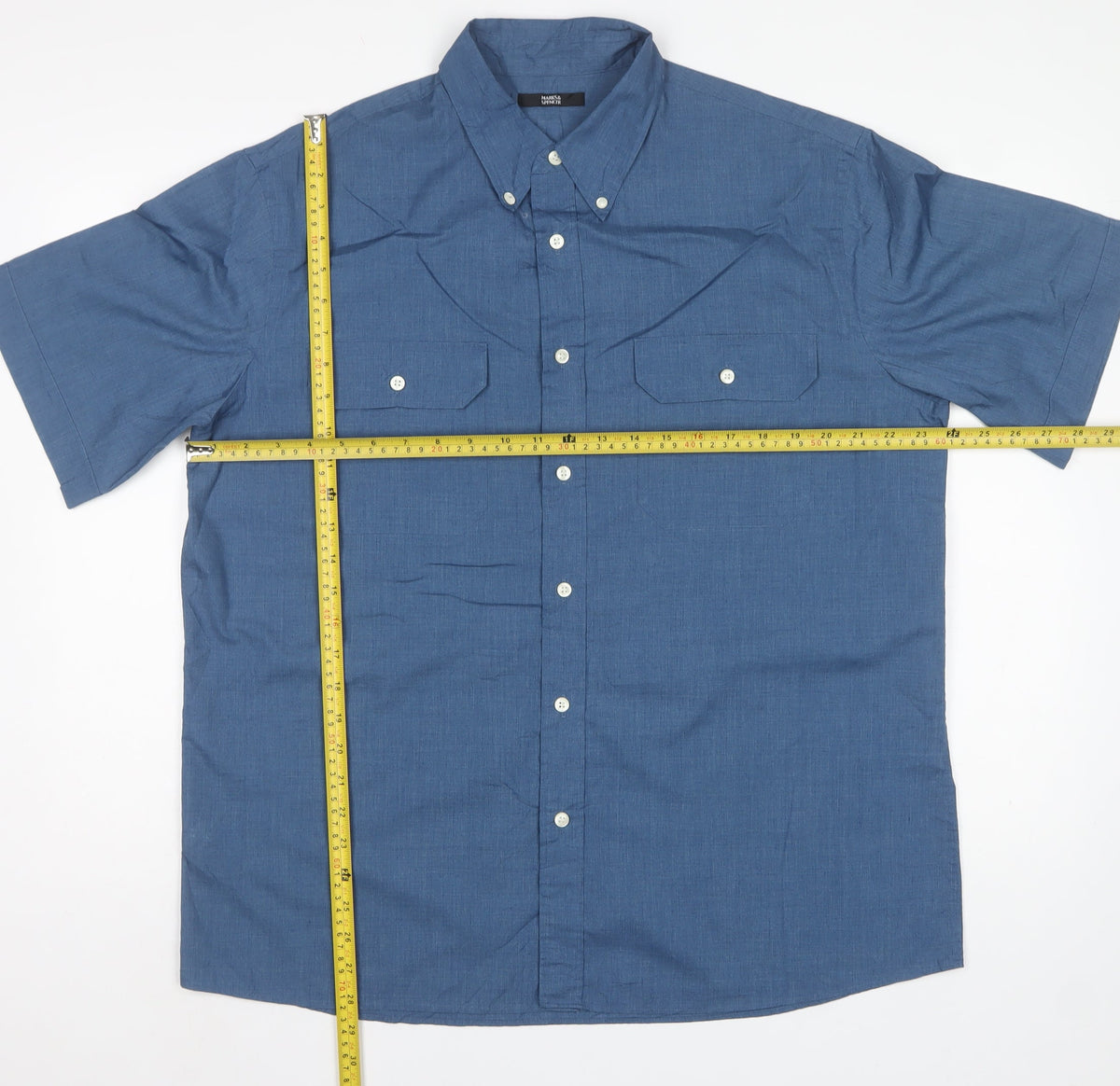 Marks & Spencer Men's Blue L Short Sleeve Button-Up Pocket Shirt