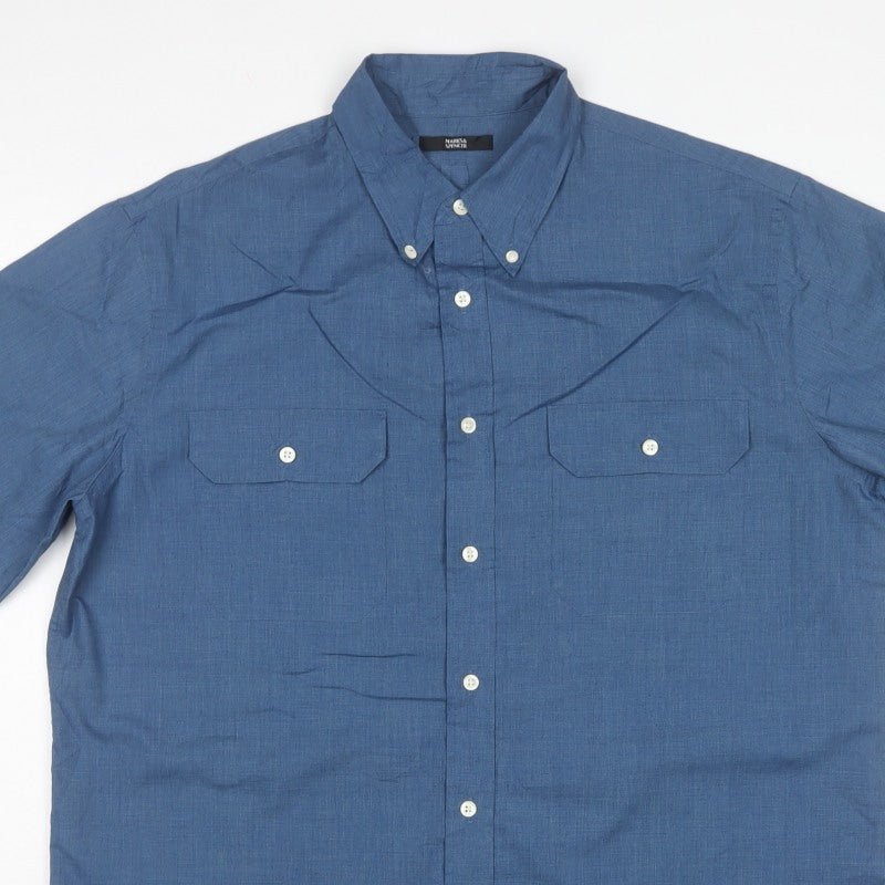Marks & Spencer Men's Blue L Short Sleeve Button-Up Pocket Shirt
