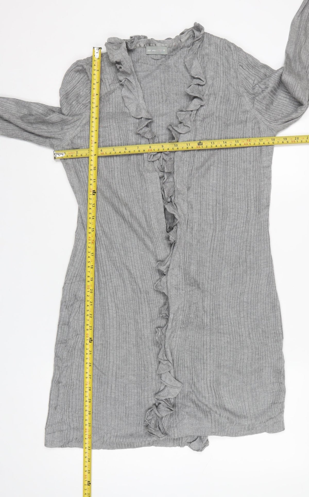 Per Una Women Grey Size 14 Ruffle Open Longline Knit Cardigan
