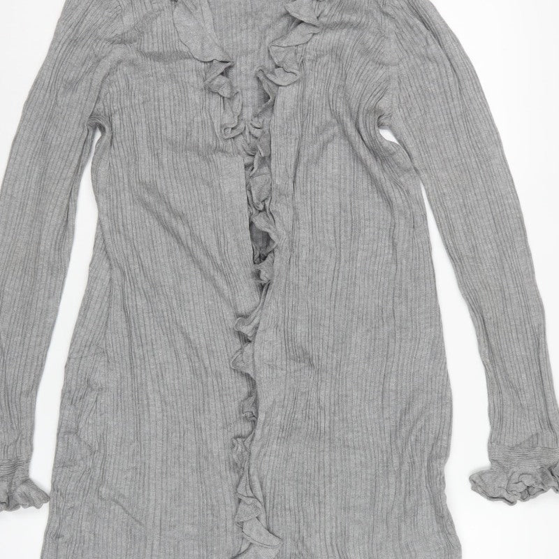 Per Una Women Grey Size 14 Ruffle Open Longline Knit Cardigan