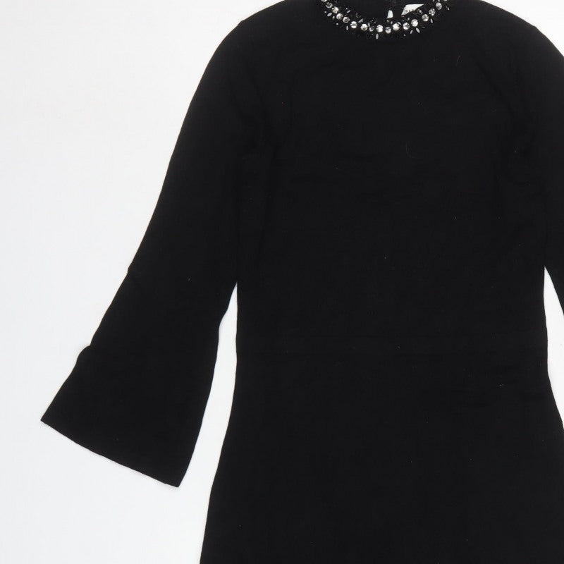 Warehouse Women Black UK 10 Fit & Flare Rhinestone Bell Sleeve Dress