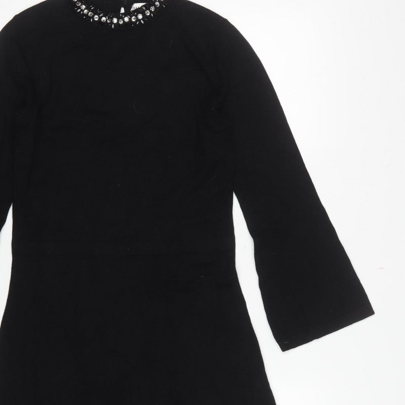 Warehouse Women Black UK 10 Fit & Flare Rhinestone Bell Sleeve Dress