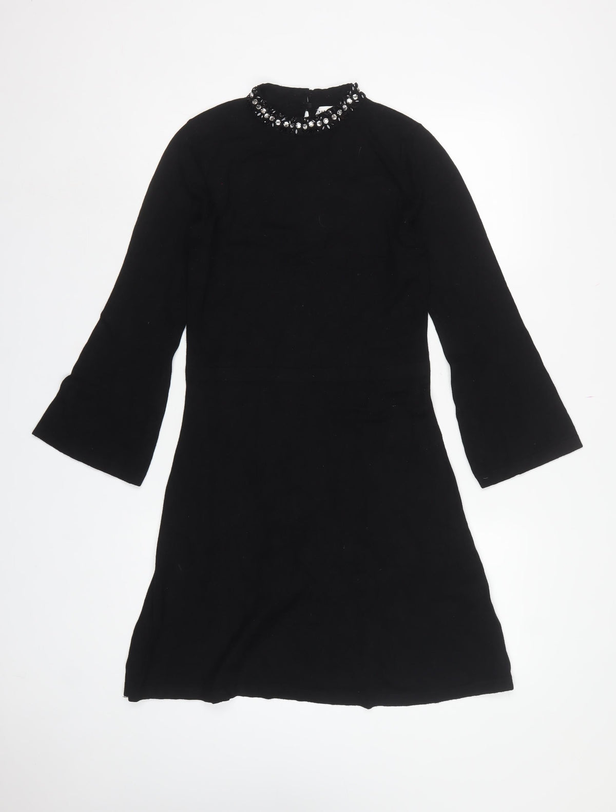 Warehouse Women Black UK 10 Fit & Flare Rhinestone Bell Sleeve Dress