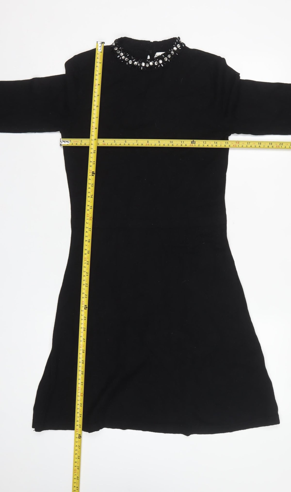 Warehouse Women Black UK 10 Fit & Flare Rhinestone Bell Sleeve Dress