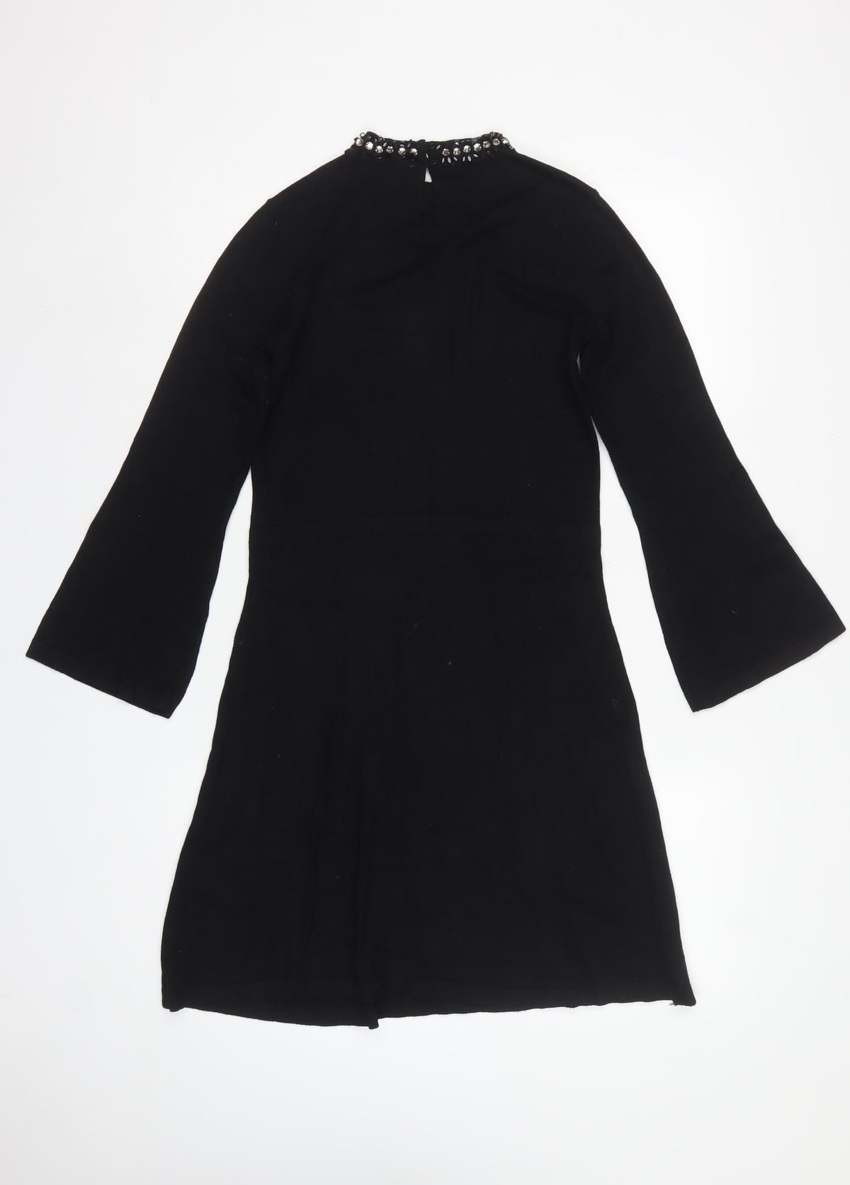Warehouse Women Black UK 10 Fit & Flare Rhinestone Bell Sleeve Dress