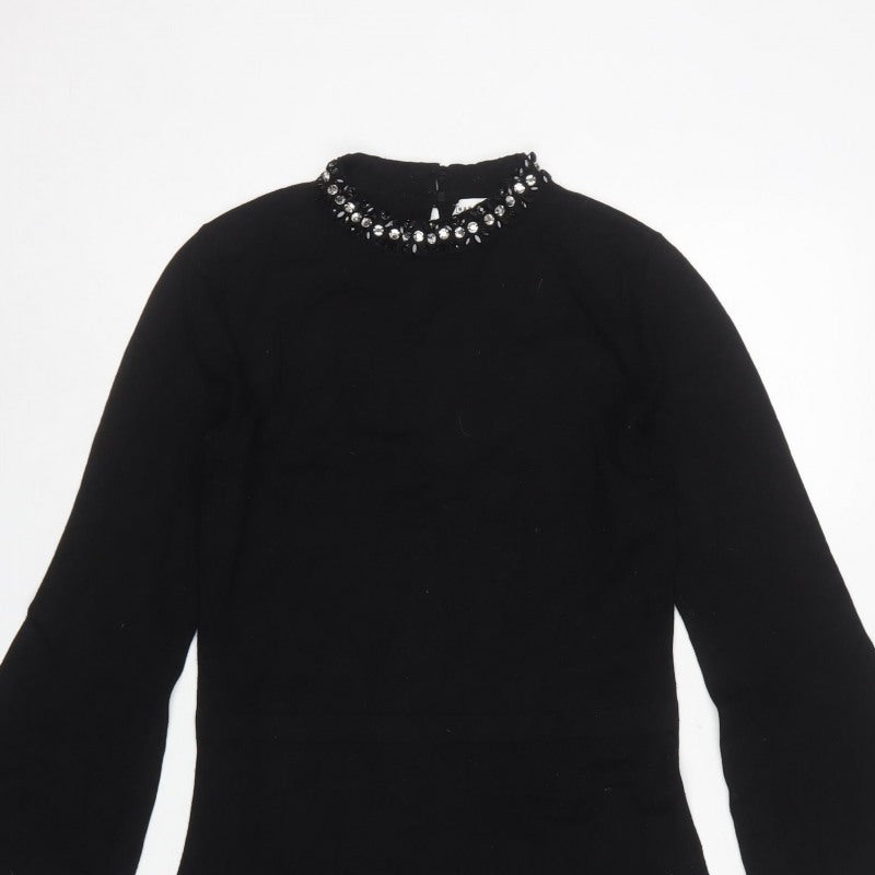 Warehouse Women Black UK 10 Fit & Flare Rhinestone Bell Sleeve Dress