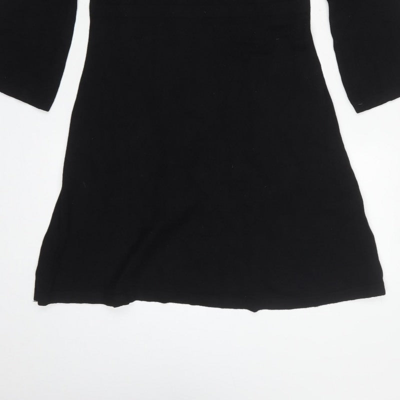 Warehouse Women Black UK 10 Fit & Flare Rhinestone Bell Sleeve Dress