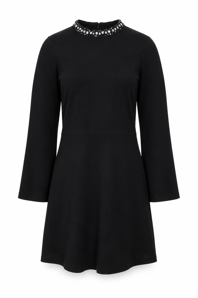 Warehouse Women Black UK 10 Fit & Flare Rhinestone Bell Sleeve Dress
