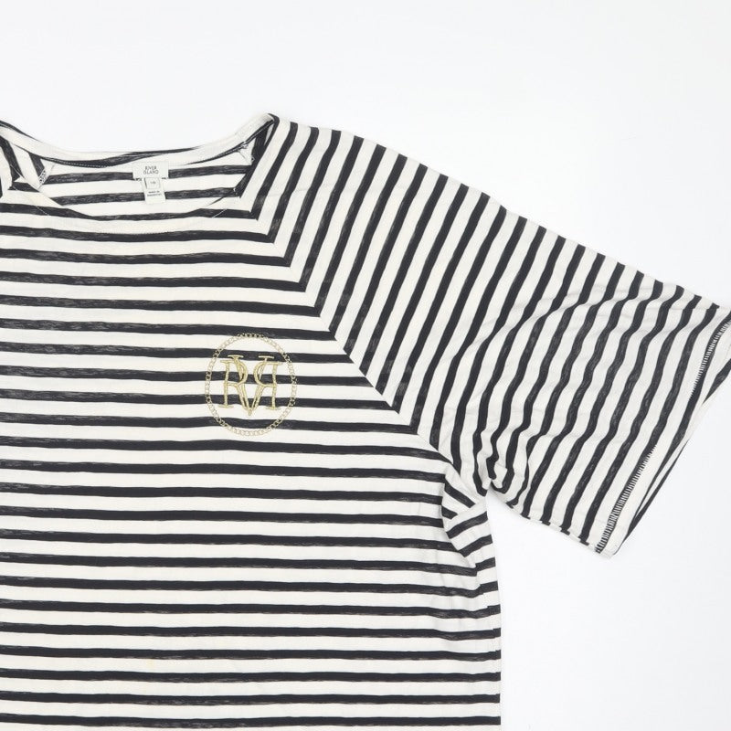 River Island Women Black White UK 18 Striped Oversized Basic T-Shirt
