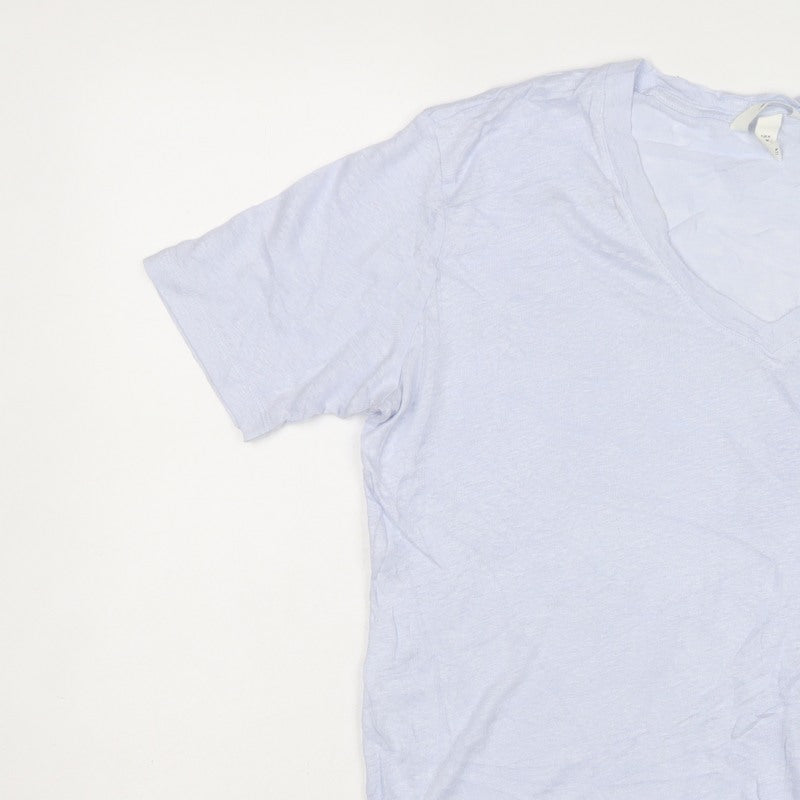 H&M Women Blue M 100% Linen V-Neck Basic Short Sleeve T-Shirt